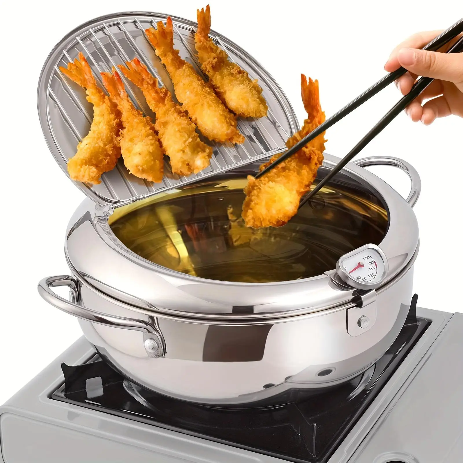 Stainless Steel Tempura Fryer with Drip Rack, 1 Count Oil Fryer Pan with Temperature Control, Kitchen Cookware for Chicken Wings, French Fries