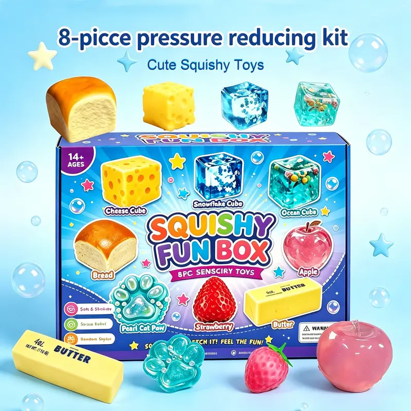 Unisex 8pcs/Set Malt Candy Squishies - Slow-Return Squishy Feel, Sensory Squeeze Tactile Play Collectibles, Anxiety Fidget Relief Toys, Colorful Boxed Party Gift Kit with 8 Different Styles, Satisfying Squishy
