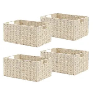 Wicker Storage Basket Set of 4 - Hand-Woven Natural Foldable Paper Rope Basket Organizer Bins for Shelves, Toilet Paper, Towels, Living Room & Home Decor