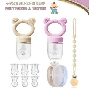 4 Pack Baby Fruit Feeder & Breastmilk Popsicle Molds – Silicone Teething Feeder Pacifier with Lids & Clips, Anti-Drop Fresh Food Feeder for Babies, Easy-Clean Teether for Infants
