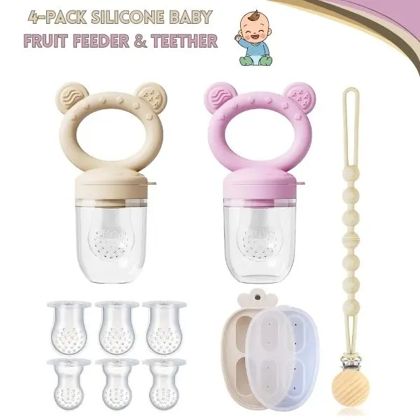 4 Pack Baby Fruit Feeder & Breastmilk Popsicle Molds – Silicone Teething Feeder Pacifier with Lids & Clips, Anti-Drop Fresh Food Feeder for Babies, Easy-Clean Teether for Infants