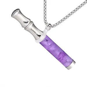 5x20 Pro Max Anti-Anxiety Breathing Necklace, with natural stone cylindrical tubes that can hold cotton cores, used for breathing resistance training, stress relief, and meditation accessories, helping to break bad habits(Excluding cotton core)