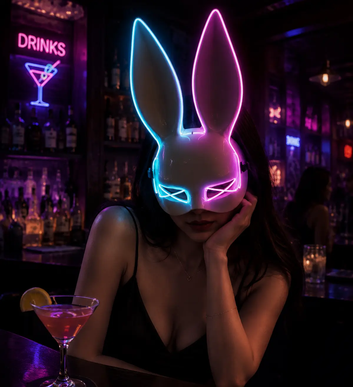 LED Glow Bunny Mask - Halloween Cosplay Masquerade Prop, Sexy Rabbit Face Mask, Festive Party Accessories, Requires 5 AA Batteries (Batteries Not Included)