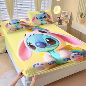 Stitch Cute Cartoon Pattern Bed Sheet, Comfortable Printed Pattern, Includes 1 Bed Sheet and 2 Pillowcases, Comfortable Bedding, Non slip Dust Cover Suitable for Bedroom and Guest Room, Suitable as a Children's Gift