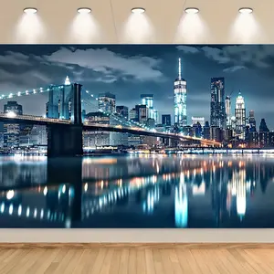 1pc Synthetic Polyester New York City Night Skyline Tapestry - Brooklyn Bridge & Skyscrapers Wall Hanging, Vibrant Night Scene Home Decor for Living Room summerwins,summerwins