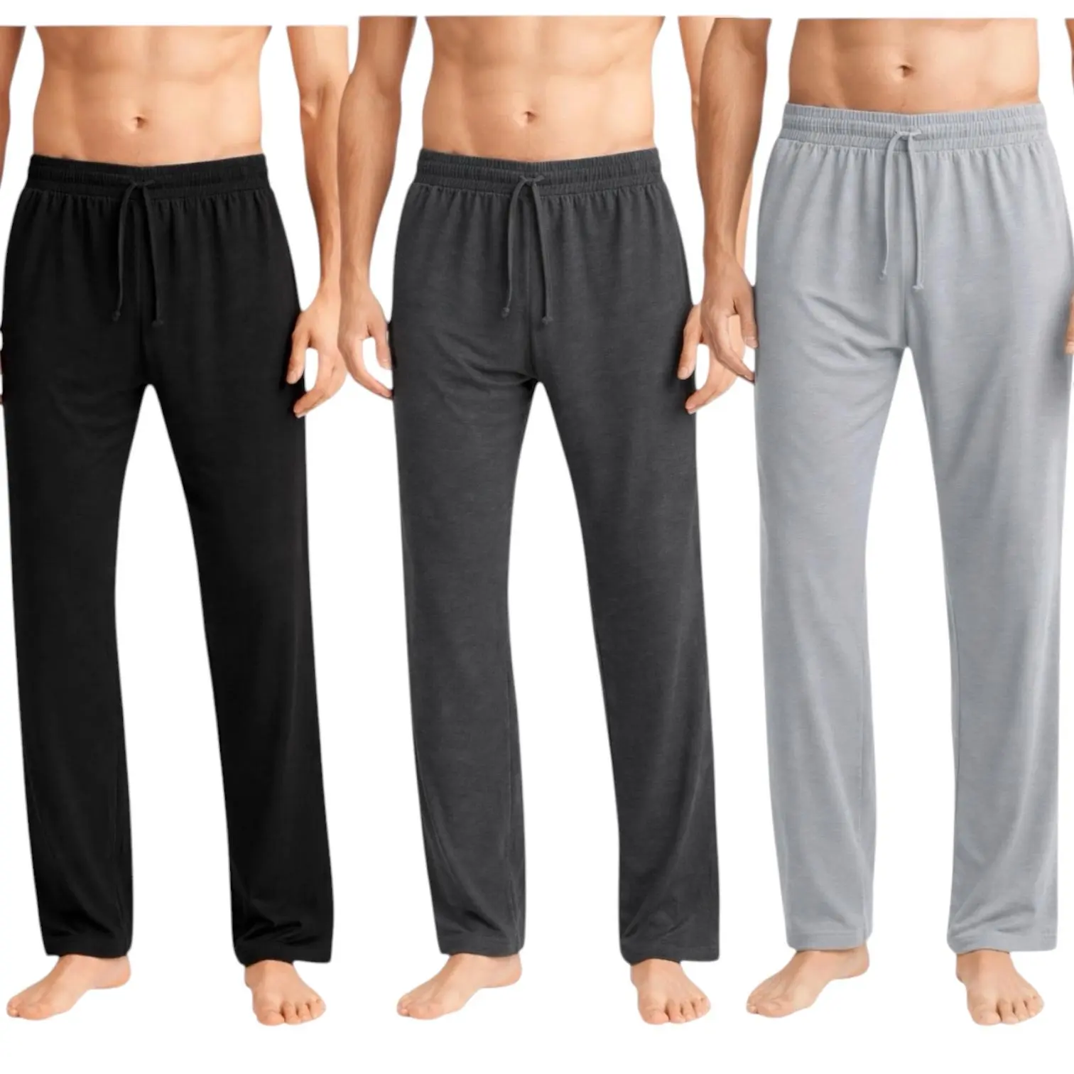 Men's 3-Pack Lightweight Open Bottom Pajama Pants Classic Straight-Leg Breathable Cotton-Blend Lounge Trousers with Pockets Relaxed Fit Sleepwear Soft Loungewear