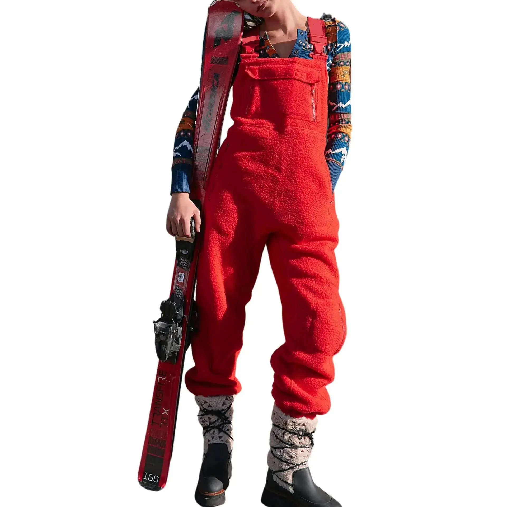 Women's Solid Long Sleeve Fleece Overalls, Casual Winter Warm Ski Bib Pants for Outdoors with Pockets, Jumpsuits For Women, Ankle Length, Pocketed, Soft, Full Length, Longsleeves, Synthetic, Functional, Lady, Basic, Clothes, Below-Ankle