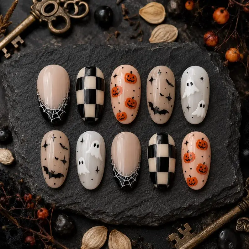 Cute Halloween Press On Nails With Ghost Pumpkin Bat Nail Art, Spooky Checker Press On Nails, Handmade Fall Nail Set, Gift for Her