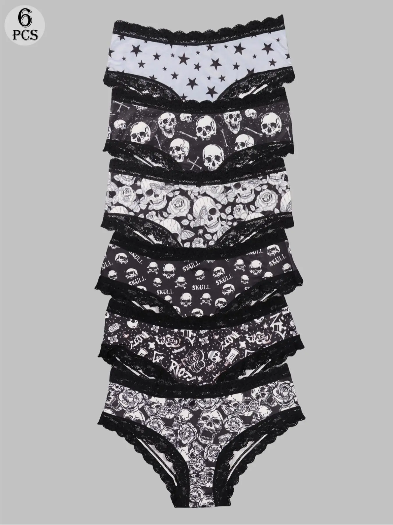 Morvia Sexy Cute Gothic Halloween Contrast Lace Hipster Panties, Allover Print Comfy Intimates Briefs Panties, Women's Underwear & Lingerie