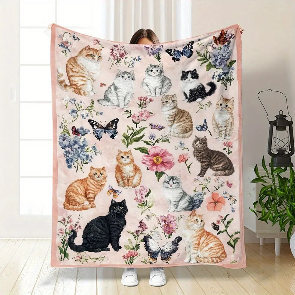 Watercolor Floral Cat Butterfly Print Cat Lover Gift Soft Cozy Flannel Blanket - Warm Fuzzy Plush Throw for Bedroom Sofa Couch, Perfect Birthday Christmas Mother's Day Gift for Cat Mom Women Girls Cat Owners Home Decor