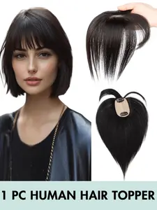 Human Hair Topper with Wispy Bangs, Natural Density Scalp Coverage for Thinning Hair, Seamless Blend Clip-on Hairpiece Restylable Human Hair Topper for Women, Heat-Friendly Clip in Hairpiece, Natural Luster Root Volume Pad High Cranial Top Secret!