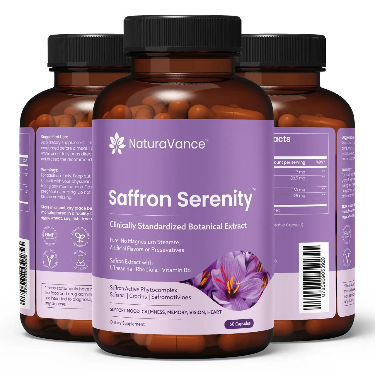 NaturaVance Saffron Extract Capsules with Rhodiola & L-Theanine – Natural Mood, Calm Focus & Stress Support Supplement – Adaptogen with Vitamin B6 – Non-GMO Vegan – 60 Veg Capsules