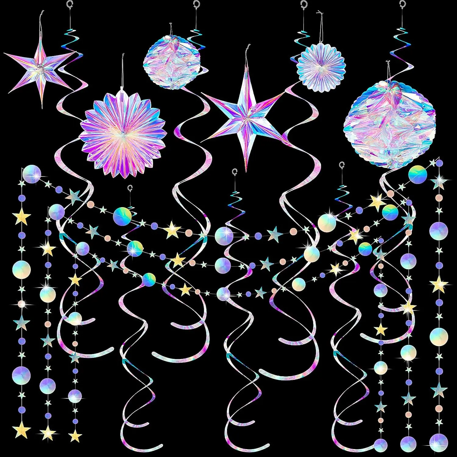 29 count Iridescent Holographic Party Supplies Kit with Hanging Honeycomb Ball Decorative Paper Fan Snowflake Garlands White  Hanging Swirl Decorations for Birthday Wedding Party Home