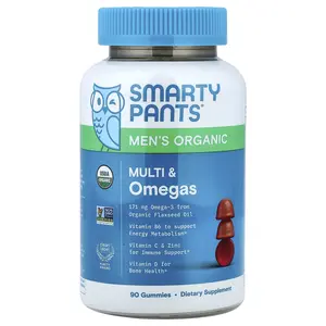 SmartyPants Men’s Organic Multi & Omegas Gummies, Raspberry, Orange, and Cherry, 90 Gummies