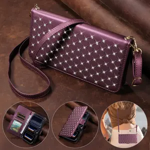 Diamond studded diamond grid pattern crossbody small fragrance style+wrist strap+long shoulder strap PU leather Cellphone, iPhone 17 Pro Max 17 Air 16 Pro Max 15 Plus wallet protective cover, adjustable crossbody bag card cover, Holder