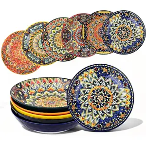 32 oz Pasta Bowls Set of 6, Large Ceramic Colorful Deep Plates, Bohemian Style Soup Salad Bowls, Dishwasher & Microwave Safe for Kitchen, Boho  Dinnerware