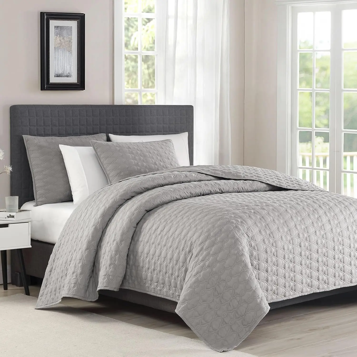 Set Coverlet Set Quilting Bedspread 3-Piece Set Microfiber Lightweight, King 104" x 92" Grey