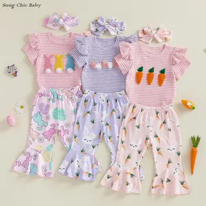 Three-piece Easter outfit for girls: ribbed top with ruffled sleeves + flared pants with rabbit and carrot prints + matching bow headband; adorable and cute Easter outfit for babies.