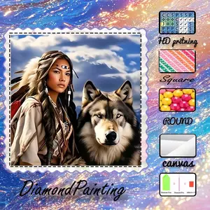 5D-DIY, high-grade velvet canvas, diamond art, diamond painting kit, Indian culture, wolf, landscape background. AB diamonds, fairy dust diamonds, crystal diamonds, perfect home decoration, handmade diamond art painting kit, special craft diamond art kit.