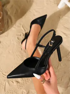 Women's Leather Pointed Toe Slingback Stiletto Heels with Metal Buckle, Stylish High Heels for Party, Office, Daily Outings & Fashion Events, Trendy Versatile Footwear for Women, Classic Elegant Shoes