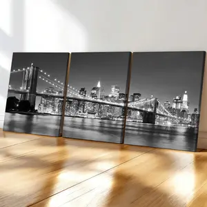 3-Pack Wood Frame Canvas Posters Artwork, Modern City Night Scene Art, Waterproof Wall Decor for Living Room, Bedroom, Office, Hallway
