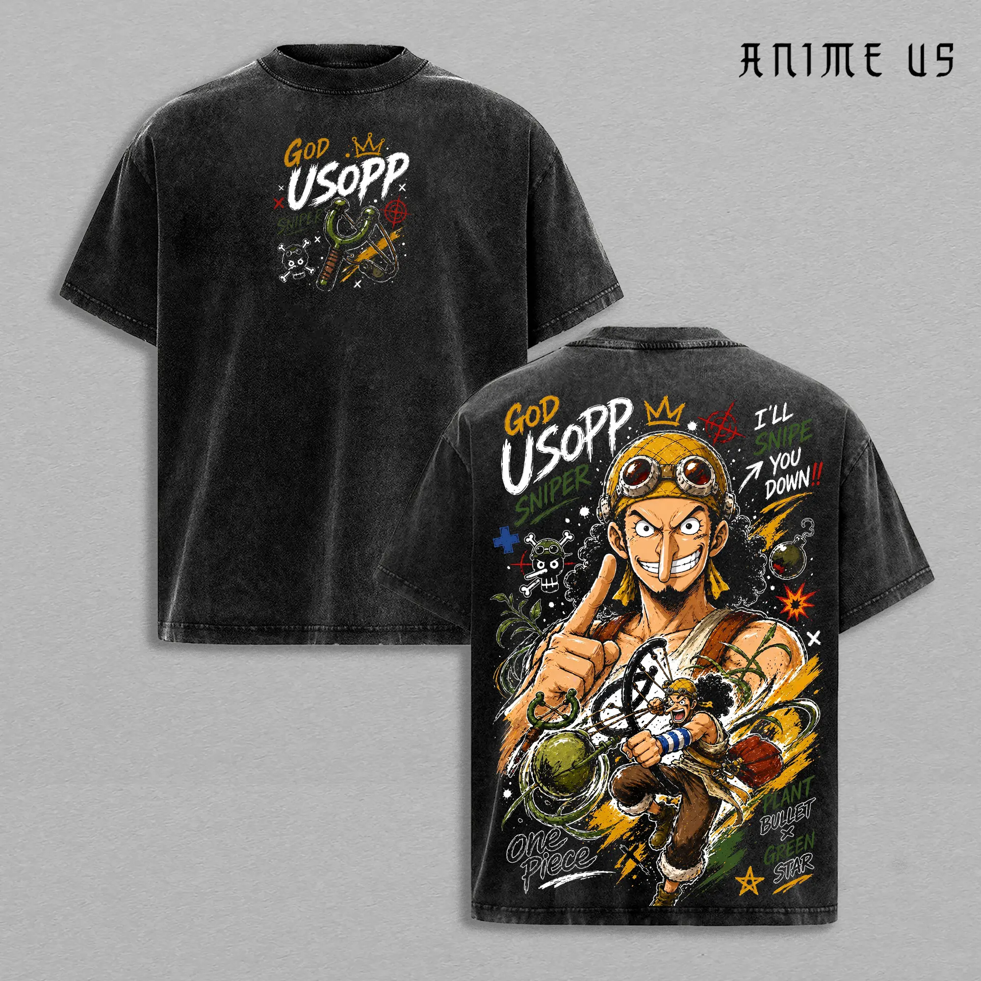 Usopp One Piece God Usopp Sniper King Anime Vintage Washed Oversized Graphic Tee Marksman Manga Streetwear Heavyweight Cotton Shirt.