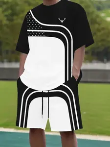 Urban Street Men's Casual Set Black-White Color Block Star Stripe Print Cool Breathable Outfit