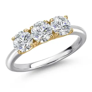 Gem Stone King 925 Silver and 10K Yellow Gold Lab Grown Diamond 3-Stone Engagement Ring For Women | 1.50 Cttw | Round 5MM | DEF Color | VVS-VS Clarity