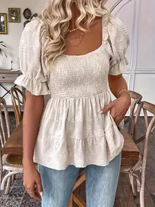Women's Textured Frill Trim Shirred Puff Sleeve Blouse, Casual Elegant Square Neck Short Sleeve Top for Spring & Fall, Ladies Cute Clothes for Daily Wear, Casual Elegance Style, Woven Fabric Womenswear