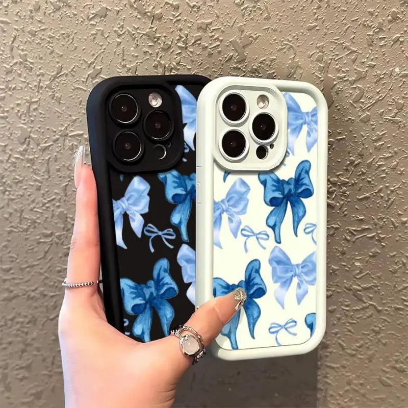 Viral Coquette Blue Bows TPU Plastic Protect Cover for iPhone 12-17 Series (Standard, Pro, Pro Max) - Shockproof, Cute, Series Support Mobile Phone Accessory