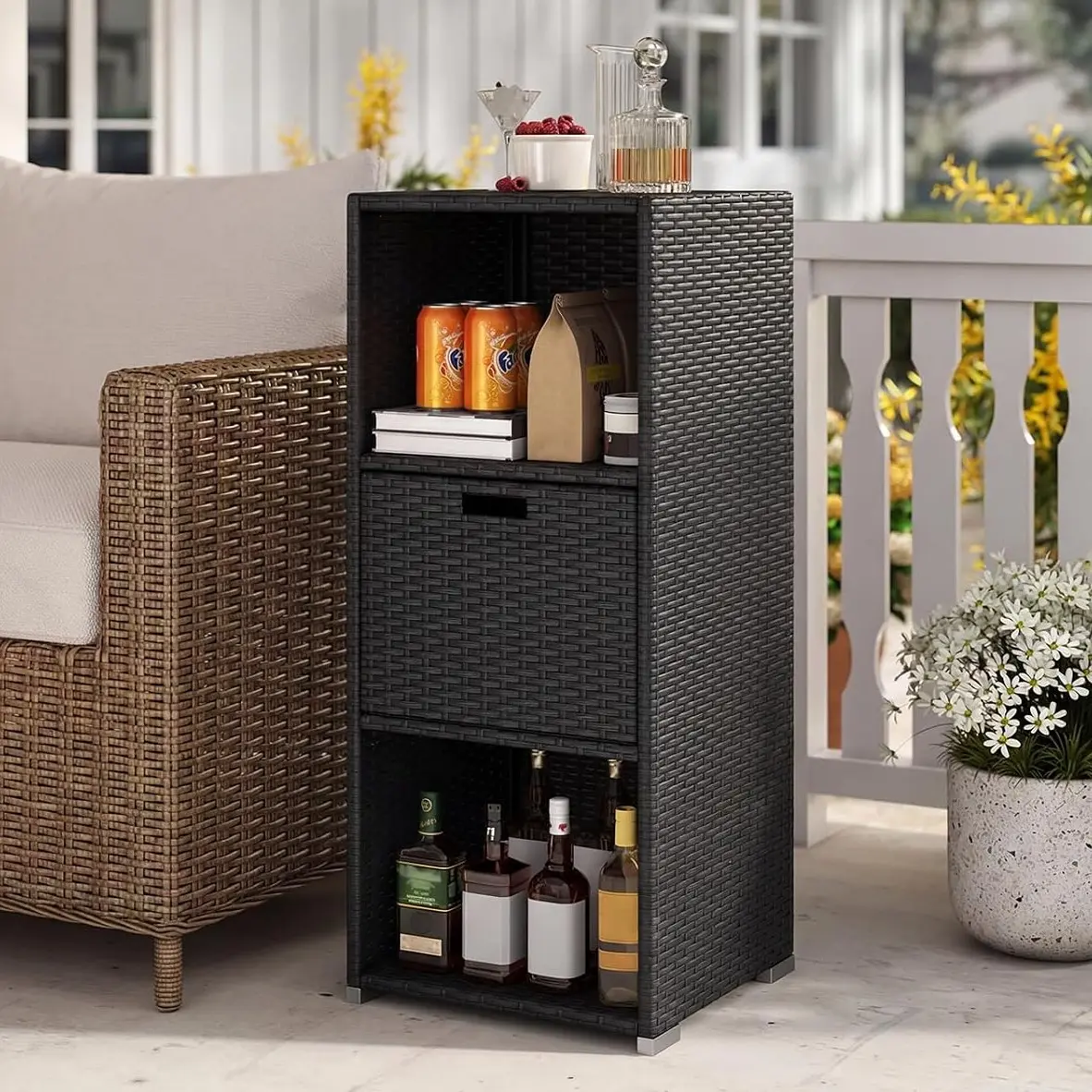 Vallmore Outdoor Rattan Storage Cabinet, 43.5" Tower with 3 Shelves, Repositionable Drawer & Cut-Out Handle, 80 lbs Per Shelf, PE Wicker for Patio, Poolside, Porch, Backyard