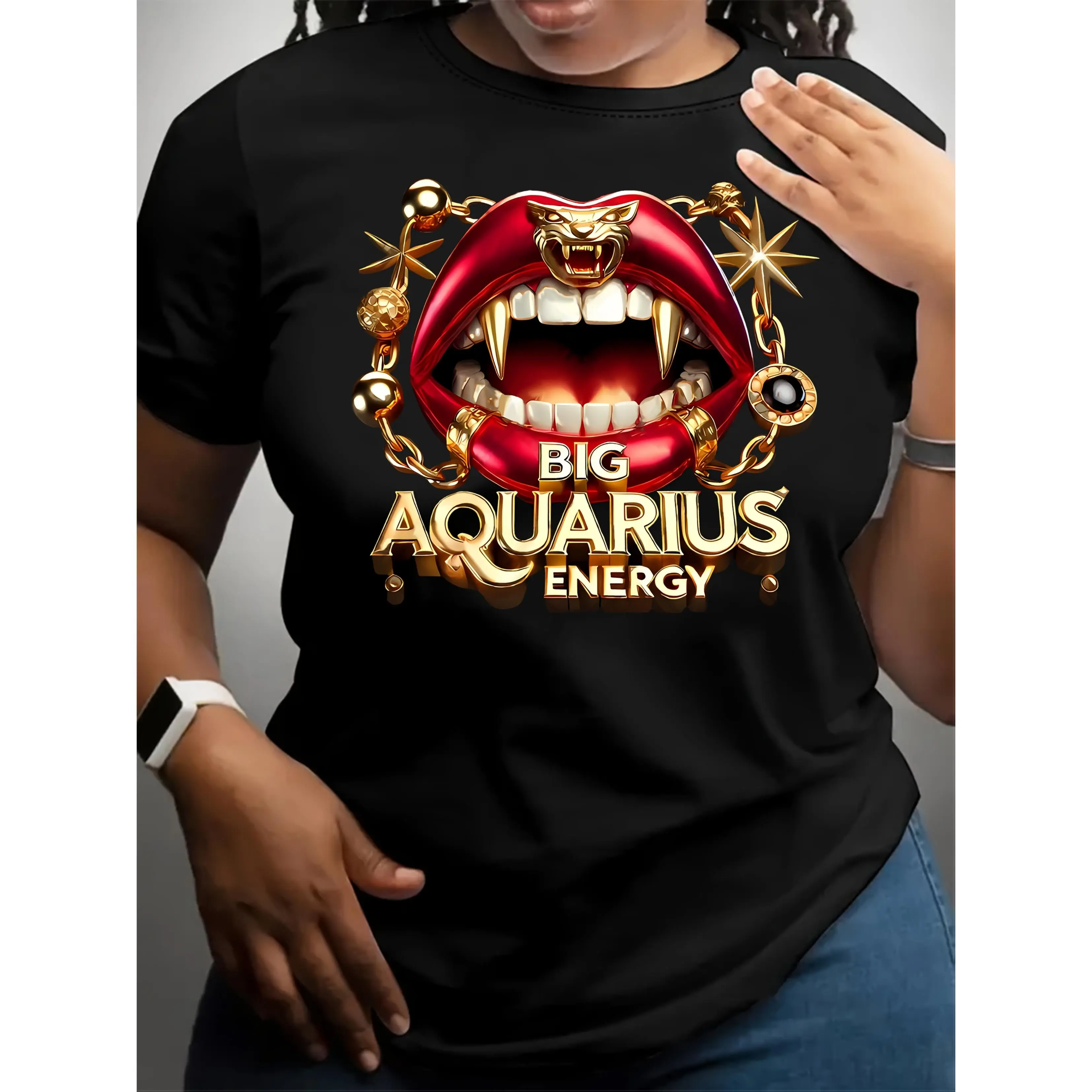 Lady's Fitted Tshirt - Aquarius Letter Print Short Sleeve Crew Neck Casual Top, Soft Breathable Polyester Spandex Blend, All Season Comfort Sports & Outdoor Sports Top