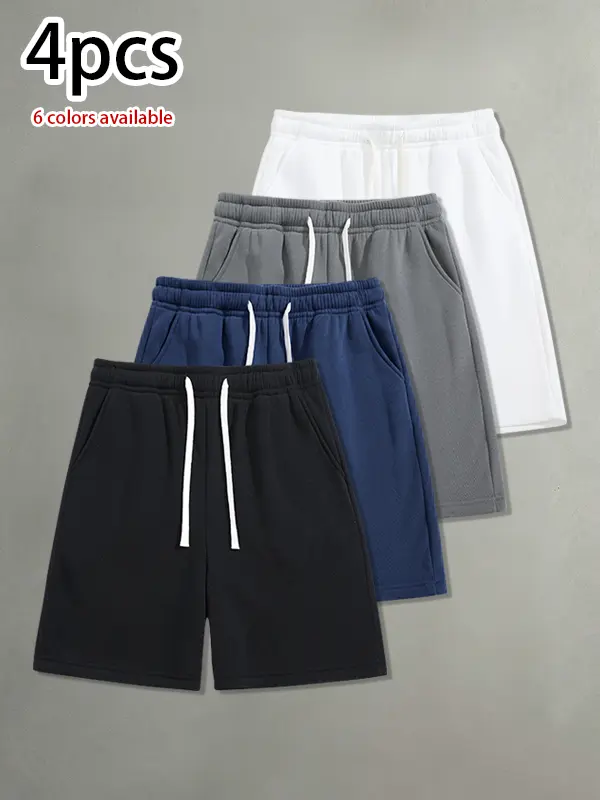 Pack of 4 men’s summer casual shorts: drawstring waist, skin-friendly and breathable, versatile loose fit for everyday wear, leisure, sports, and fitness.summervibes