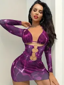 Three-Piece Set Women's All Over Print Ring Linked Bodycon Cover Up & Tie Back Bikini Top & High Cut Swim Bottom Set, Bikini Sets, Boho Chic Ladies Summer Beach Vacation Swimsuit, Ruched Halter Swimsuit, Bikinis Sets