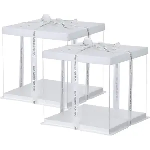 2 Count Large Cake Clear Box, 10" X 10" X 9" with Ribbon and Pre-folded Lid, for 8" Cake Packing Carry, Baking Cookie Display, Carry Tall Layer Gift, Festive Gift Box -White