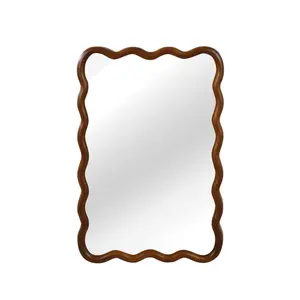 Elegant Irregular Wooden Frame Wall Mirror - Bohemian Natural Wood Grain, Tempered HD Distortion-Free Glass, D-Ring Reinforced Installation, Vertical-Horizontal Hanging, Detailed Wall-Mounted Decor for Bathroom, Farmhouse, Entryway, Vanity