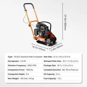 VEVOR Plate Compactor, 2.8 HP 98CC Gas Engine 5, 250 RPM, 1, 920 lbs Force Vibratory Compaction Tamper with 18.7x 11.8 inch Plate for Walkways, Patios, Asphalts, Paver Landscaping, EPA Compliant