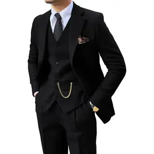 Retro 3 Piece Suit Tweed Herringbone Men's Suits Slim Fit Groom Tuxedos Set Prom Brown Grey Jacket Blazer Vest Pants