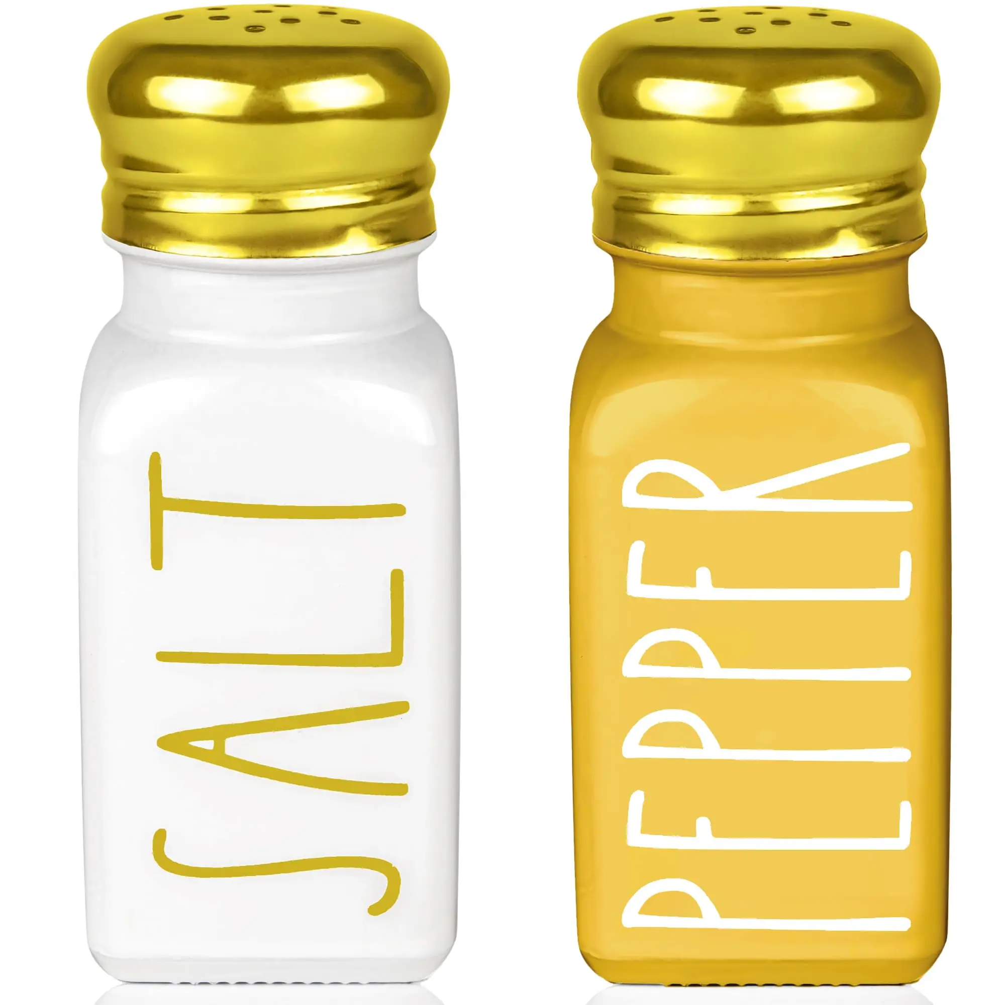 Farmhouse Gold Salt and Pepper Shakers Set by Brighter Barns - White and Gold Kitchen Accessories for Modern Farmhouse Decor, Restaurant, Wedding, Gifts, Seasoning Utensils - Glass Shakers & Stainless Steel Lid