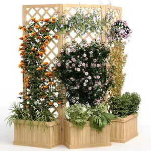 Cedar Privacy Screen with Planter Box - 62"x10"x65"Garden Fence Panel,3 Hinged Freestanding with Drain Holes, Natural Wood Room Divider for Patio, Deck, Backyard & Balcony,Raised Garden Bed Kit