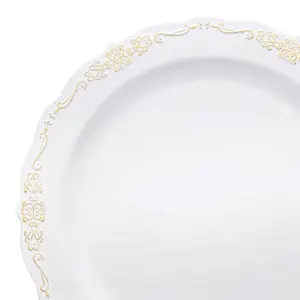 White with Gold Vintage Rim Round Disposable Plastic Appetizer/Salad Plates (7.5")