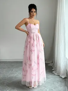 Elegant Feminine Women's Floral Lightweight Mesh Long Dress, Fine Spaghetti Shoulder Straps Heart Neckline Back Elastic Wide Hem, Wedding Party Formal Summer Occasion