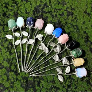 Crystal Rose with Silver Stem - Multicolor Gemstone Rose Decorative Piece for Home or Office