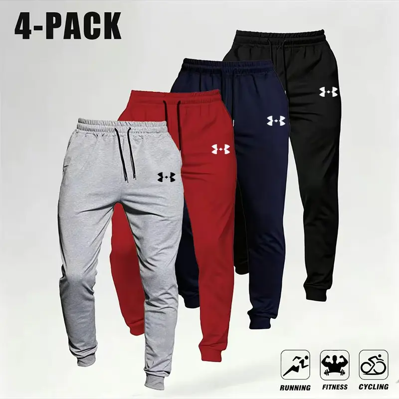 Men’s 4-Pack Casual Loose Joggers - Soft Knit Stretch Fabric Sweatpants with Pockets, Barbell Print, Retro Street Style Sportswear, Autumn Fitness Base Layer, Men's Sweatpants,sohochic