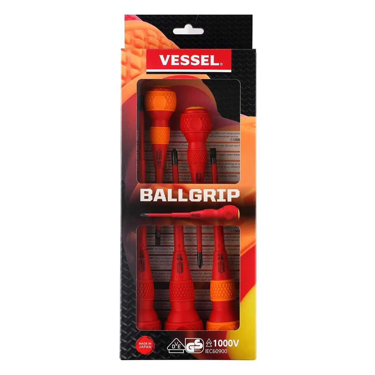 Vessel 5-Piece Ball Grip Insulated Screwdriver Set, Hand Tools for Hardware Maintenance Applications