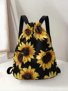 Sunflower Print Vibrant Patterns Drawstring Backpack, Large Capacity Durable Outdoor Fitness Bag, Adjustable Straps, Casual Sports Beach Bag for Men & Women