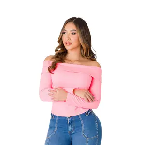 Blusa Bardot 7B6349B - Pink Off-Shoulder Top with Long Sleeves & Bandeau Neckline for Women's Fashion