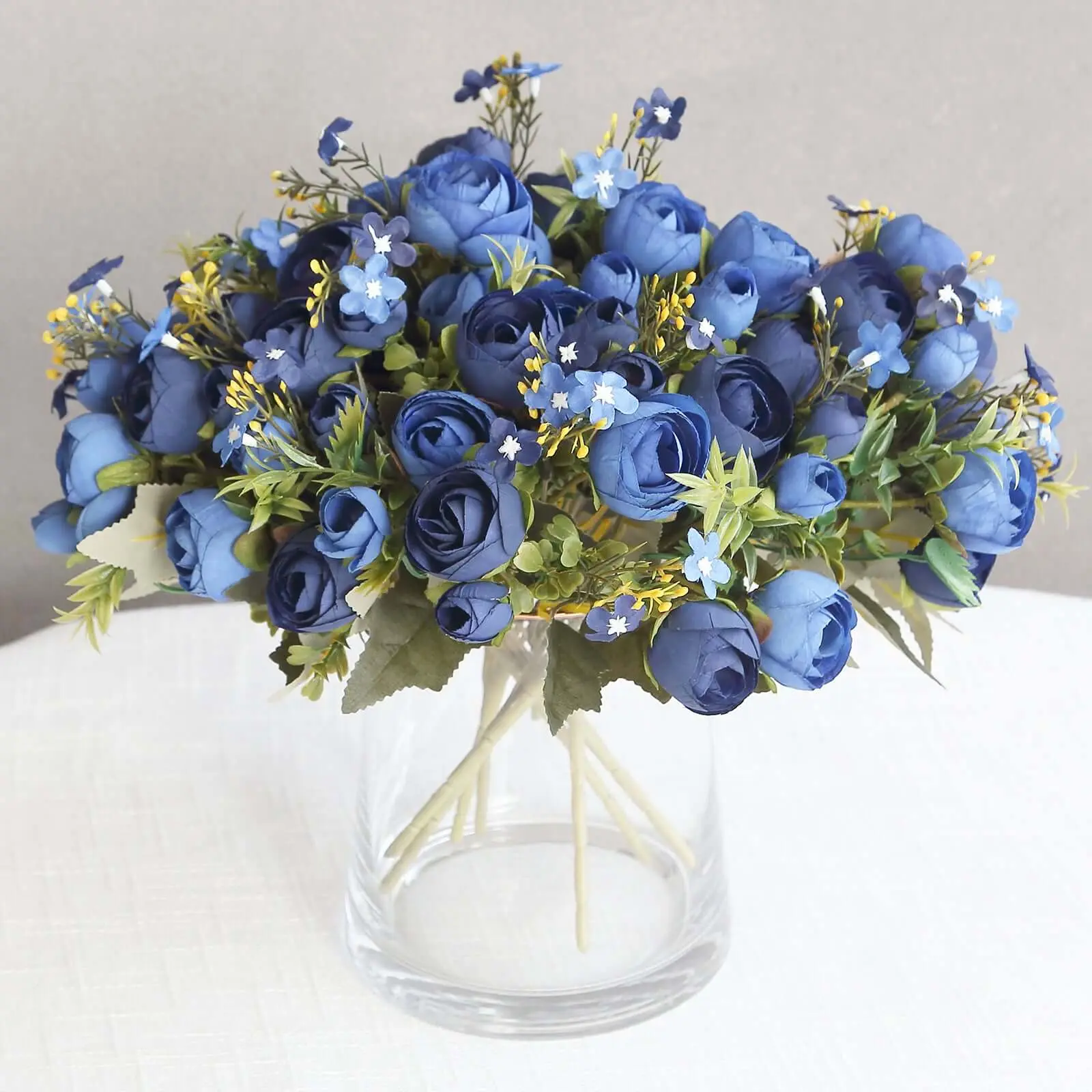 4 Pack Artificial Navy Blue Ranunculus Silk Flower Bridal Bouquets 12", Faux Buttercup Floral Arrangement