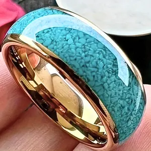 Luxury 8mm Stainless Steel Wedding Engagement Ring for Men and Women - Imitation Turquoise Design