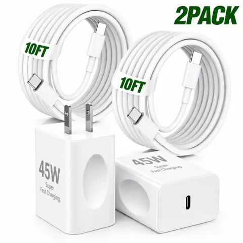 45W Super Fast Type C Charger, 10FT Long USB C to C Cable with Wall Charging Block for iPhone 17 16 15 Pro Max Charger and for Samsung Galaxy S25 Ultra/S25+/S25/S24/S23 Ultra/S23+/S22 /S22+ 2Pack